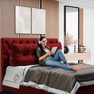 Almofada Para Cabeceira Encosto Apoio Lombar Spot 195cm Com Porta Celular Veludo - Abmaza Vermelho