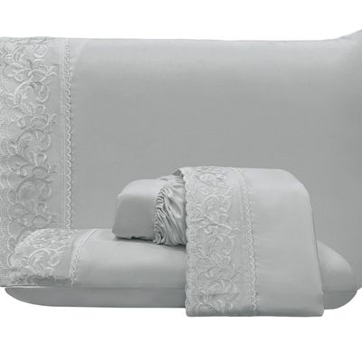Jogo de Cama Lençol Casal Top Line 4 Peças - Cinza  - 100% Poliéster