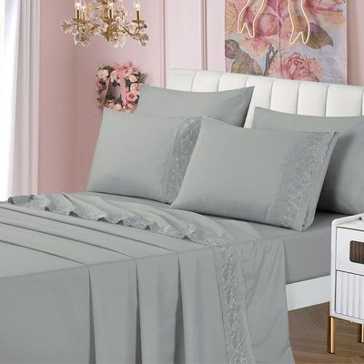 Jogo de Cama Lençol Casal Top Line 4 Peças - Cinza  - 100% Poliéster