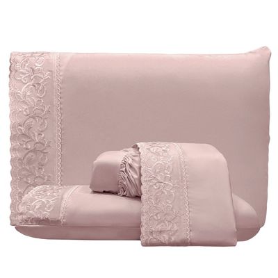 Jogo de Cama Lençol Queen Top Line 4 Peças - Rosê  - 100% Poliéster