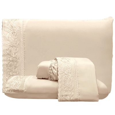 Jogo de Cama Lençol Queen Top Line 4 Peças - Palha  - 100% Poliéster