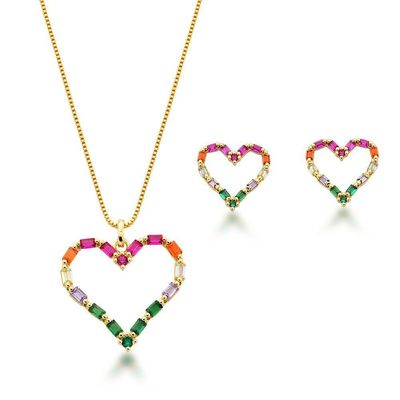 Conjunto Colar E Brincos Coração Vazado Colorido Banhado A Ouro 18k - 45cm