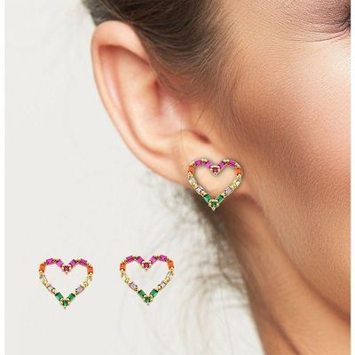 Conjunto Colar E Brincos Coração Vazado Colorido Banhado A Ouro 18k - 45cm