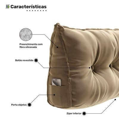 Almofada Para Cabeceira Encosto Apoio Lombar Spot 195cm Com Porta Celular Veludo - Abmaza Cor Bege