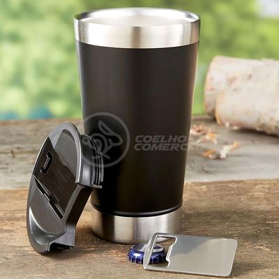 Copo Térmico C/ Tampa E Abridor 473Ml Inox - Preto