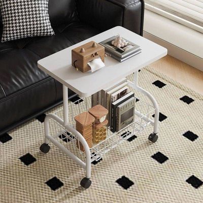 Mesa Branca Lateral de Apoio Multifuncional Com Rodinhas