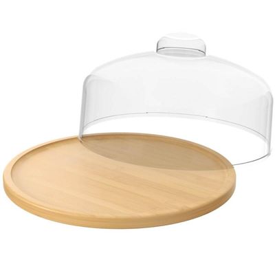 Kit 2 Boleira Pedestal com Cúpula Porta Bolo Bambu Tampa Plástica 26x21cm Prato Bolo Brisa