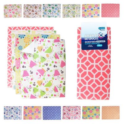 Kit 03 Toalha Aparador Louças Microfibra Estampada 38cmx50cm