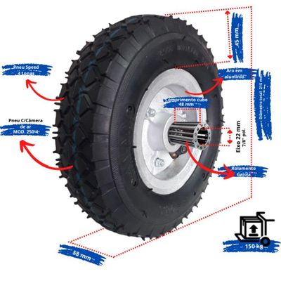 Roda Pneu 250 X 4 Carrinho De Carga 4 Lonas 7/8 Rolete