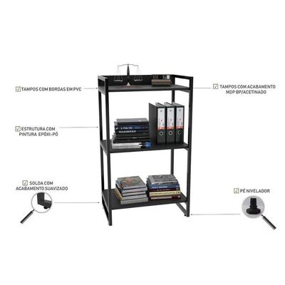 Estante Livreiro Multiuso Prisma Estilo Industrial 60cm 3 Prateleiras C08 Preto Onix - Mpozenato
