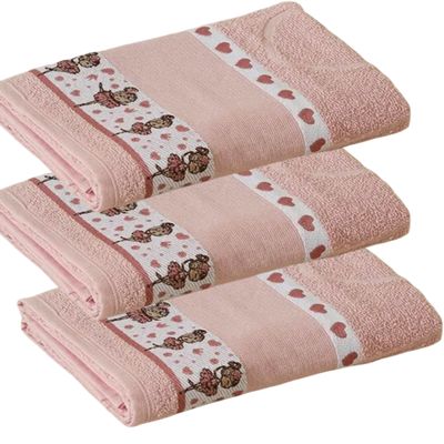 Kit ( 3 ) Toalha de Banho KazzaVip Infantil 100% Algodão Jacquard Barra para Bordar Funny Rosa