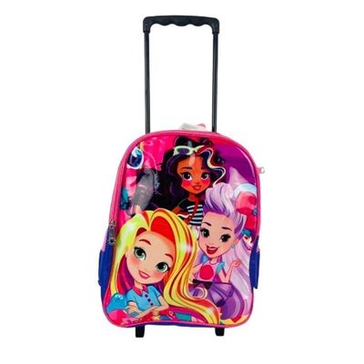 Kit Mochila Rodinhas Princesas Bolsa Escolar Estojo E Lancheira Térmica Rosa Carrinho Impermeavel