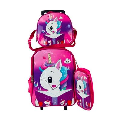 Kit Mochila Rodinhas Unicornio Estojo Lancheira Térmica Bolsa Carrinho Impermeavel Rosa