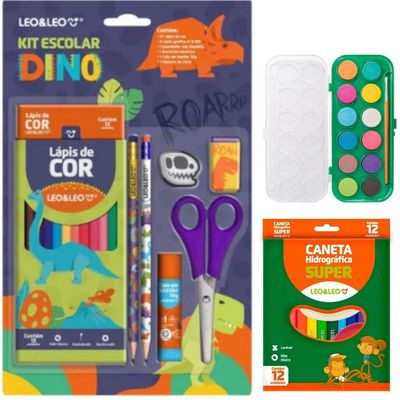 Kit Escolar Com Lápis Apontador Tesoura Caneta Hidrográfica E Aquarela Dinossauro
