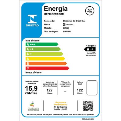 Frigobar Electrolux 122L Efficient com Controle de Temperatura Cor Branca (EM120) 127V
