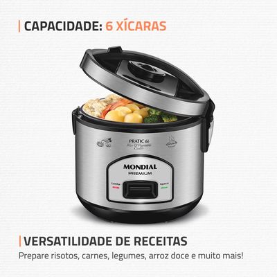 Panela Elétrica de Arroz Mondial PE-43 6 Xícaras - Preta/Inox Inox,Preto / 110