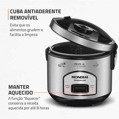 Panela Elétrica de Arroz Mondial PE-43 6 Xícaras - Preta/Inox Inox,Preto / 110
