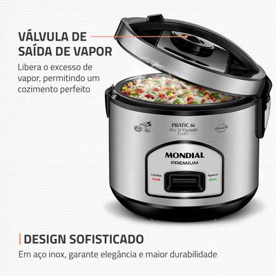 Panela Elétrica de Arroz Mondial PE-43 6 Xícaras - Preta/Inox Inox,Preto / 110