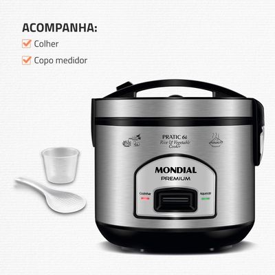 Panela Elétrica de Arroz Mondial PE-43 6 Xícaras - Preta/Inox Inox,Preto / 110