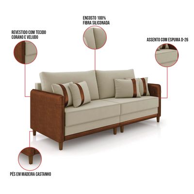 Sofá 3 Lugares Living 212cm Pé Madeira Valença Marrom/Veludo K01 - D'Rossi Bege