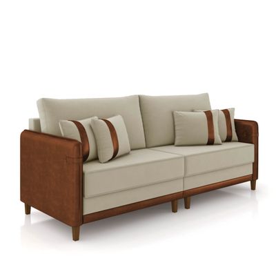 Sofá 3 Lugares Living 212cm Pé Madeira Valença Marrom/Veludo K01 - D'Rossi Bege