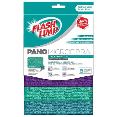 Conjunto de Panos Multiuso FlashLimp em Microfibra - 3 Peças