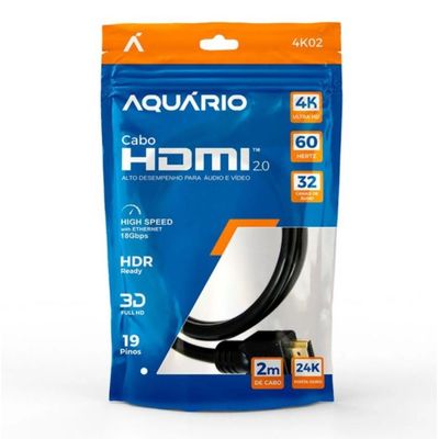 Cabo HDMI Aquário 2.0 4K 3D 19 Pinos - 2 Metros 4K02