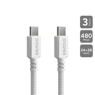 Cabo USB TIPO-C P/ USB TIPO-C 2.0 - Branco - 3M - NYLON - PUCC2-3B