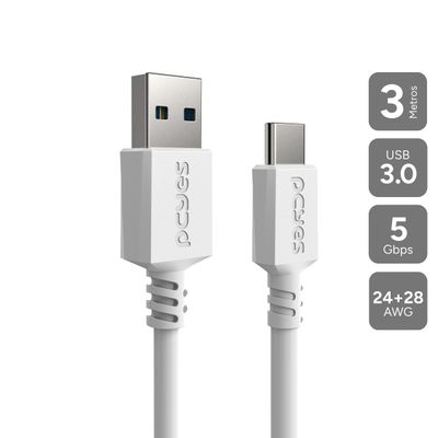 Cabo USB a 3.0 Macho P/ USB TIPO-C - Branco - 3 Metros - PUCAP3-3B