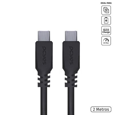 Cabo USB Tipo C 2.0 para USB Tipo C 2.0 2M Preto - PUCP-02