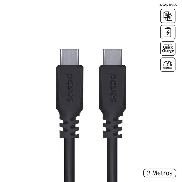 Cabo USB Tipo C 2.0 para USB Tipo C 2.0 2M Preto - PUCP-02