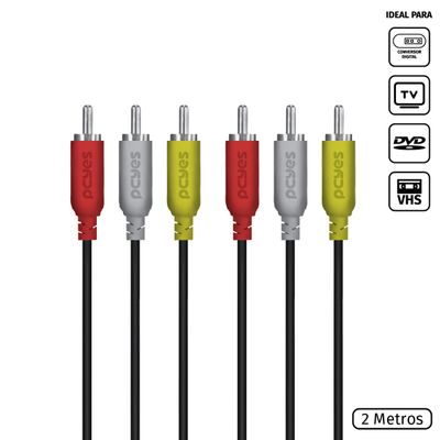 Cabo de Vídeo Composto 3 RCA Macho para 3 RCA Macho 28AWG Puro Cobre 2 Metros - P3R-2