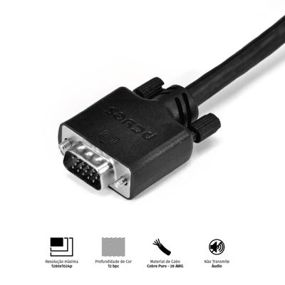 Cabo de Vídeo VGA 15 Pinos Macho para VGA 15 Pinos Macho 28AWG Puro Cobre 2 Metros - PVM15-2