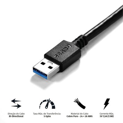 Cabo para Impressora e HD Externo USB a 3.0 Macho para USB B 3.0 Macho 28AWG Puro Cobre 3 Metros - PUABM3-3