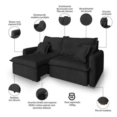 Sofá 4 Lugares 2,40m Retrátil E Reclinável Em Tecido Bouclé – Malta Lucadi Preto