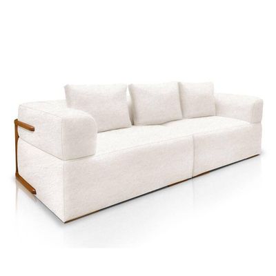 Sofá 4 Lugares 3,00m Em Tecido Bouclé Com Aplique Em Madeira – Scott Lucadi Off White