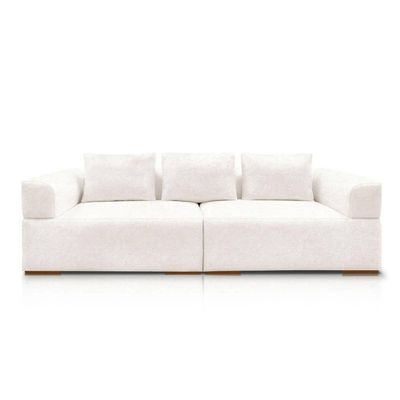 Sofá 4 Lugares 2,60m Em Tecido Bouclé Com Aplique Em Madeira – Scott Lucadi Off White