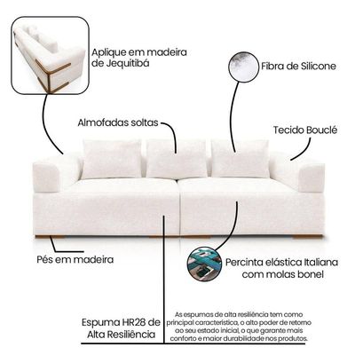 Sofá 4 Lugares 2,60m Em Tecido Bouclé Com Aplique Em Madeira – Scott Lucadi Off White