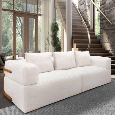 Sofá 4 Lugares 2,60m Em Tecido Bouclé Com Aplique Em Madeira – Scott Lucadi Off White