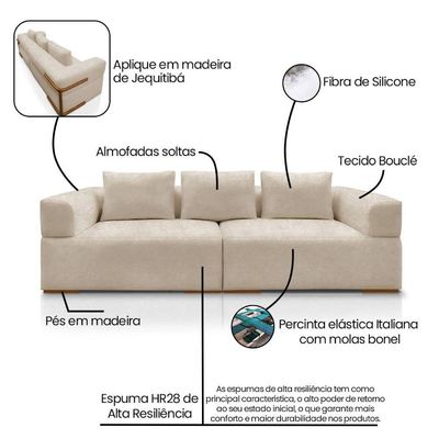 Sofá 4 Lugares 2,60m Em Tecido Bouclé Com Aplique Em Madeira – Scott Lucadi Bege