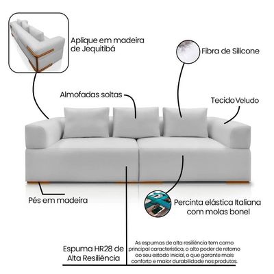 Sofá 4 Lugares 2,80m Em Tecido Veludo Com Aplique Em Madeira – Scott Lucadi Prata