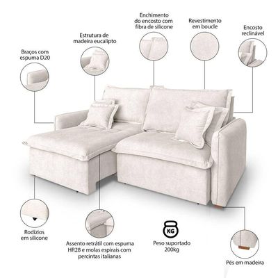 Sofá 4 Lugares 2,60m Retrátil E Reclinável Em Tecido Bouclé – Malta Lucadi Off White