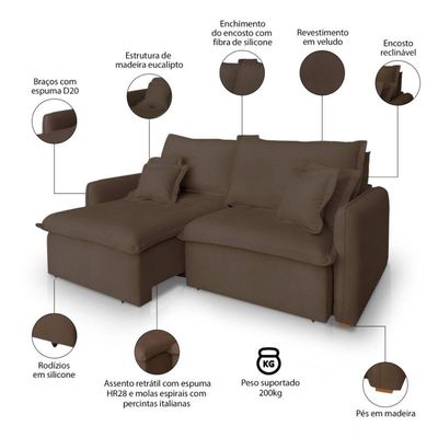 Sofá 4 Lugares 2,60m Retrátil E Reclinável Em Tecido Veludo – Malta Lucadi Marrom