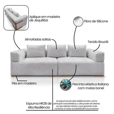 Sofá 4 Lugares 2,60m Em Tecido Bouclé Com Aplique Em Madeira – Scott Lucadi Cinza