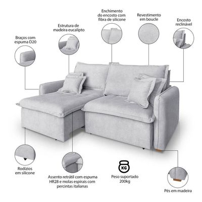 Sofá 2 Lugares 1,80m Retrátil E Reclinável Em Tecido Bouclé – Malta Lucadi Cinza