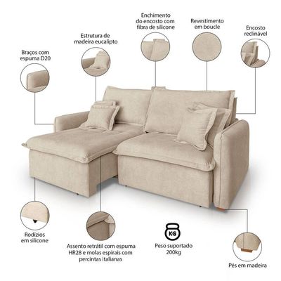 Sofá 4 Lugares 2,40m Retrátil E Reclinável Em Tecido Bouclé – Malta Lucadi Bege