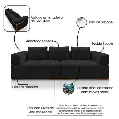 Sofá 3 Lugares 2,40m Em Tecido Bouclé Com Aplique Em Madeira – Scott Lucadi Preto