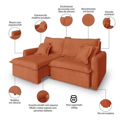 Sofá 2 Lugares 1,80m Retrátil E Reclinável Em Tecido Bouclé – Malta Lucadi Terracota