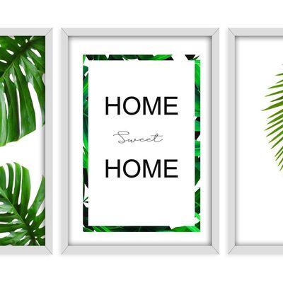 Kit 03 Quadross "Folhagem Home Sweet Home" 43X33X1Cm