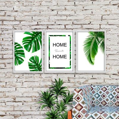 Kit 03 Quadross "Folhagem Home Sweet Home" 43X33X1Cm